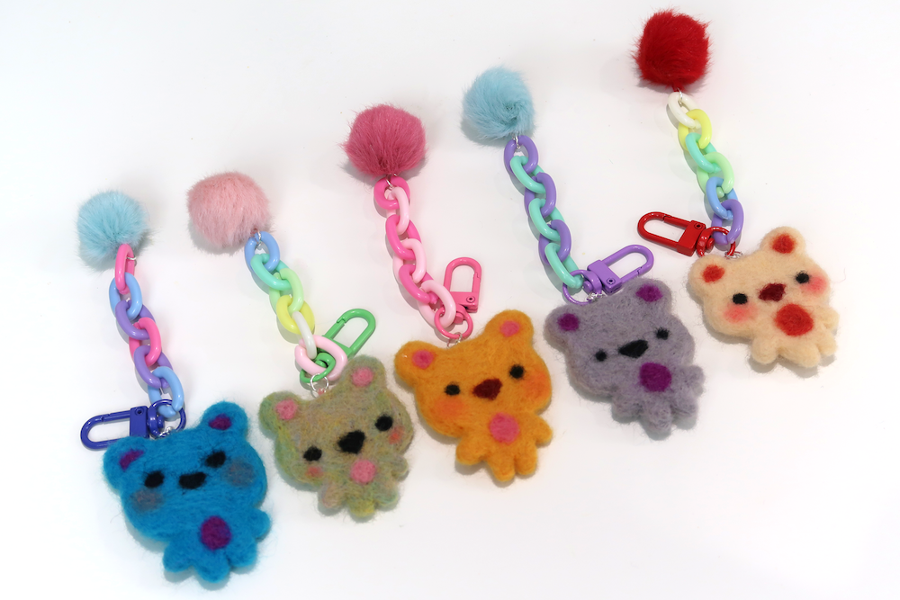 Felted Bear Keyring with Chain & Pom Pom