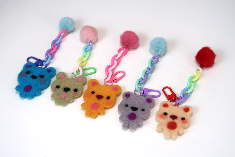 Felted Bear Keyring with Chain & Pom Pom