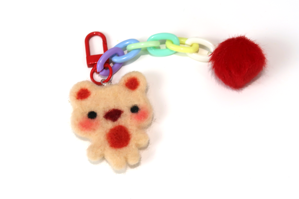 Felted Bear Keyring with Chain & Pom Pom