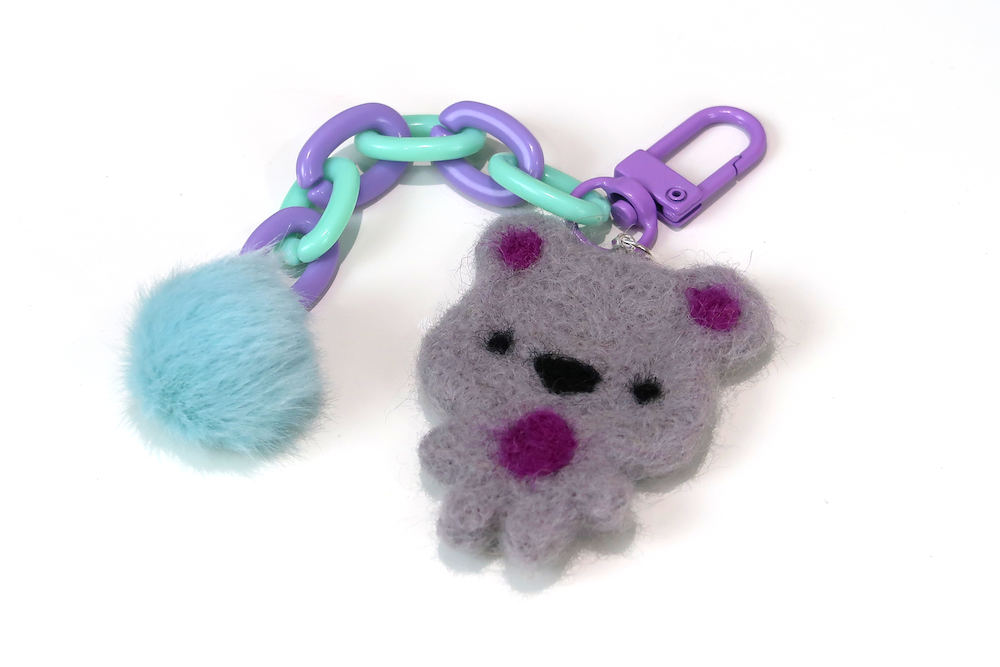 Felted Bear Keyring with Chain & Pom Pom
