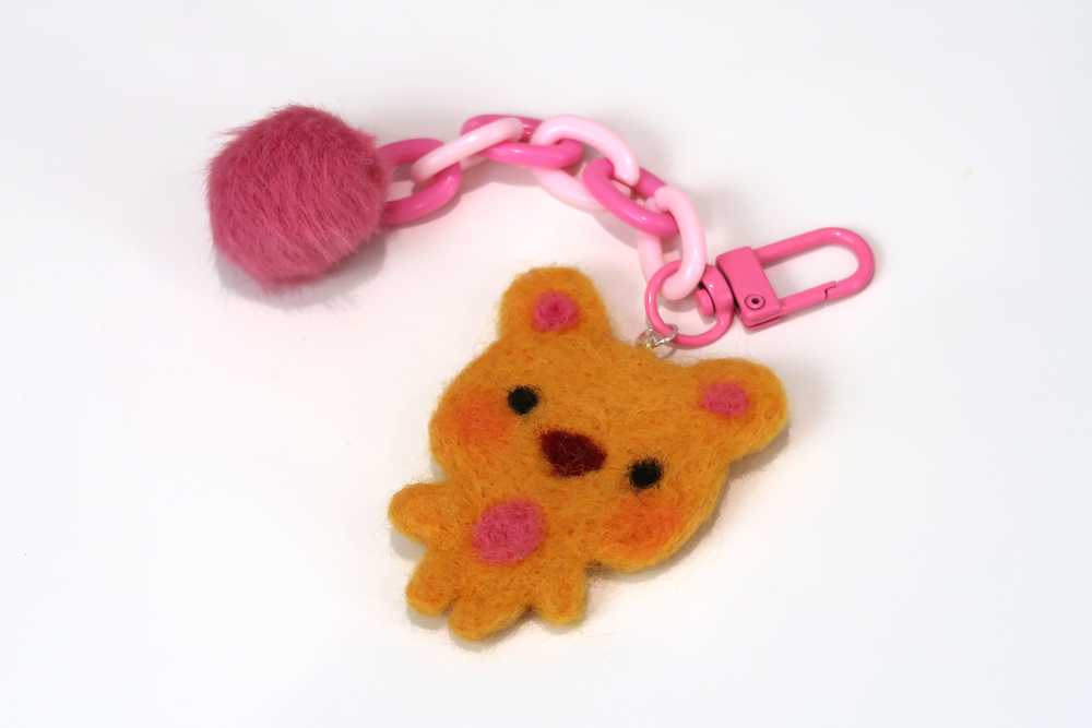 Felted Bear Keyring with Chain & Pom Pom