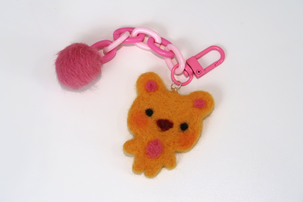 Felted Bear Keyring with Chain & Pom Pom