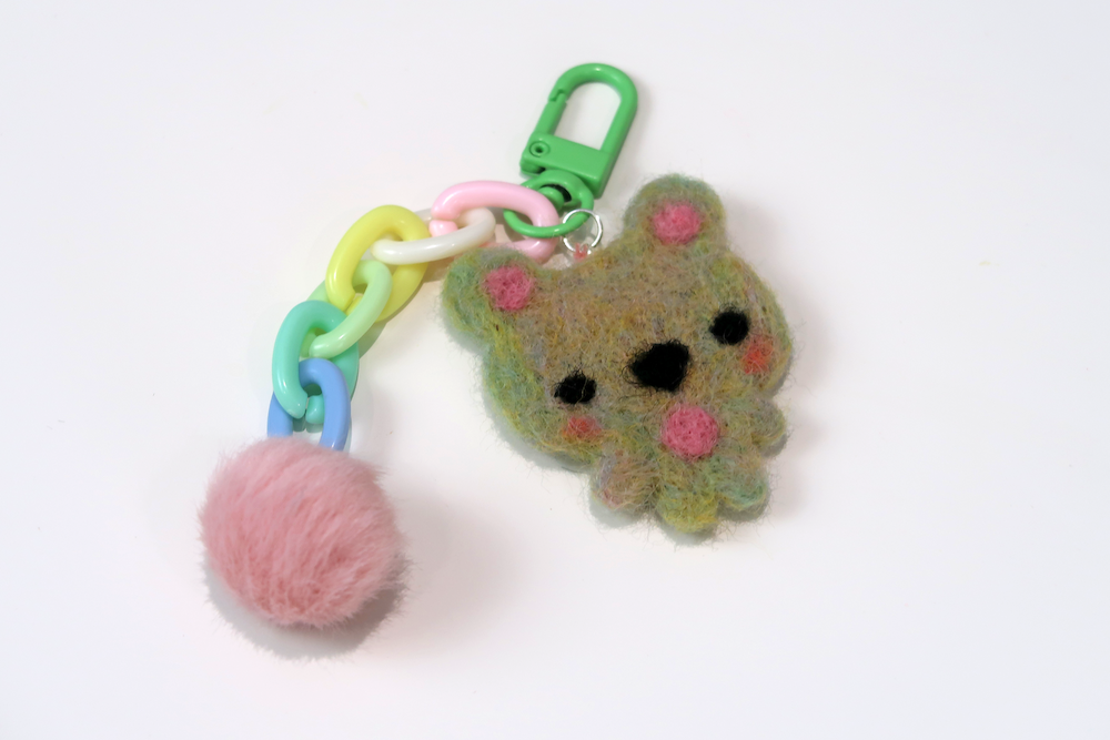Felted Bear Keyring with Chain & Pom Pom