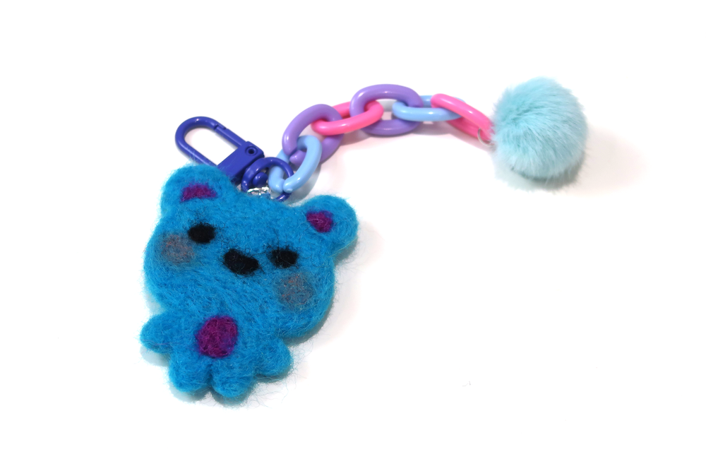 Felted Bear Keyring with Chain & Pom Pom