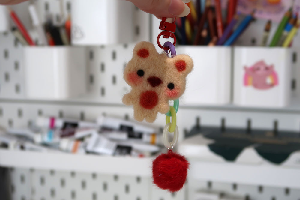 Felted Bear Keyring with Chain & Pom Pom