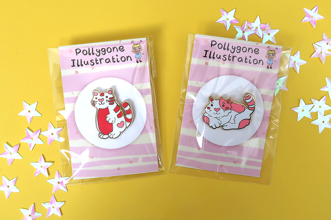 Enamel Love Heart Cat Pins Set ( 1 Sitting & 1 Standing Cat)