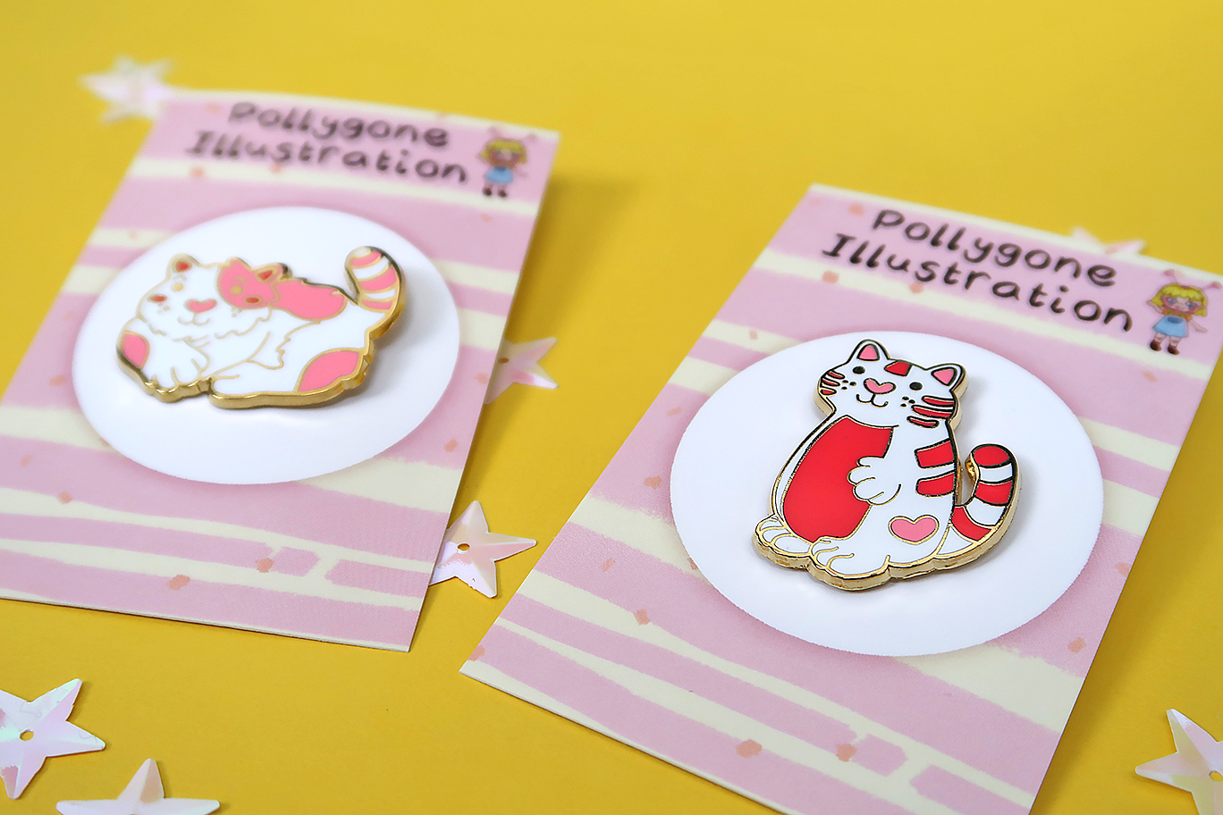 Enamel Love Heart Cat Pins Set ( 1 Sitting & 1 Standing Cat)