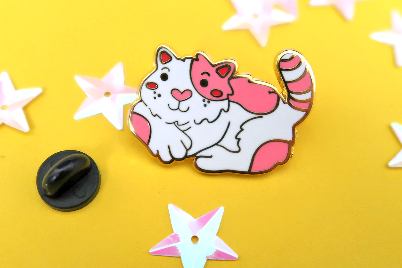 Enamel Love Heart Cat Pins Set ( 1 Sitting & 1 Standing Cat)