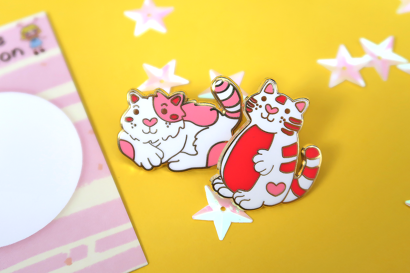 Enamel Love Heart Cat Pins Set ( 1 Sitting & 1 Standing Cat)