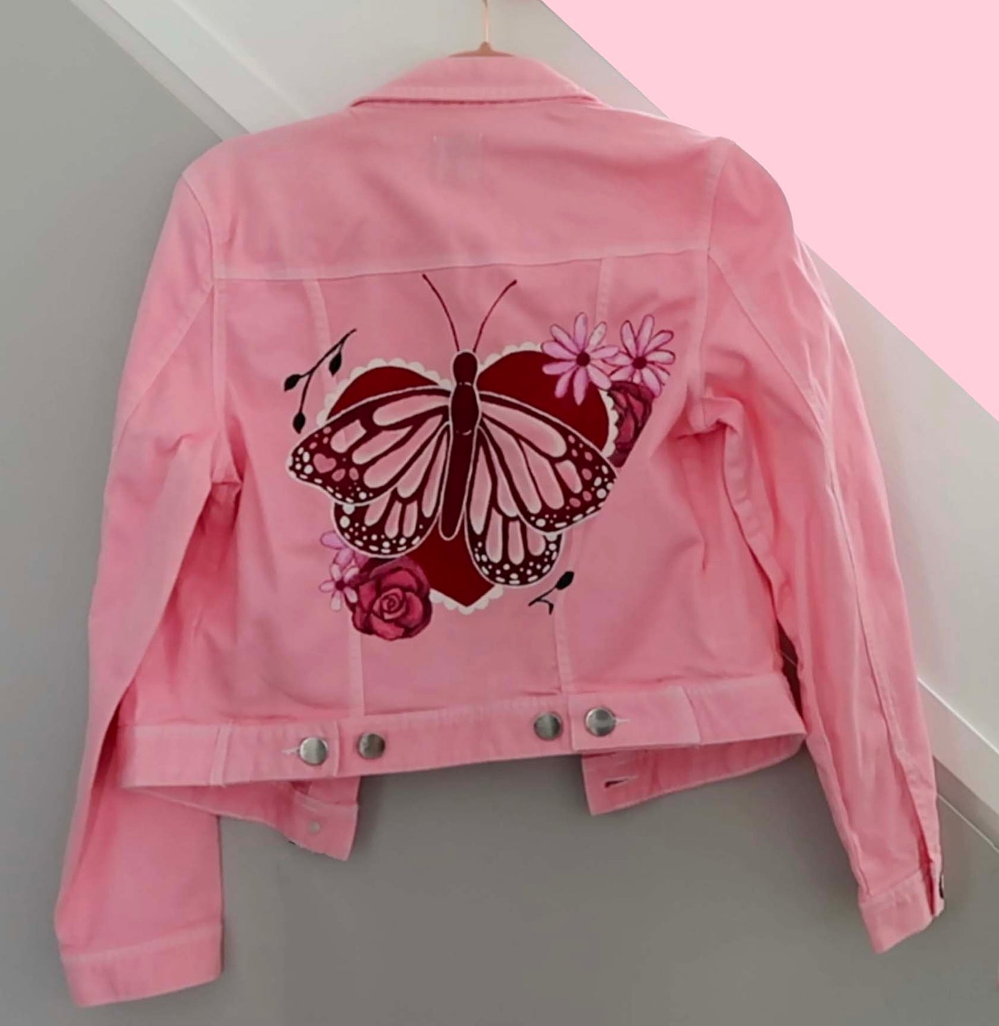 Pink Butterfly Denim Jacket - Custom Painted - UK age 14 (Size 6-8)